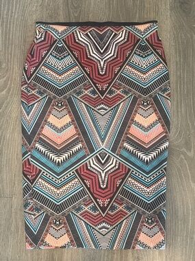 Bisou Bisou Geometric Pencil Skirt in Coral, Teal & Black